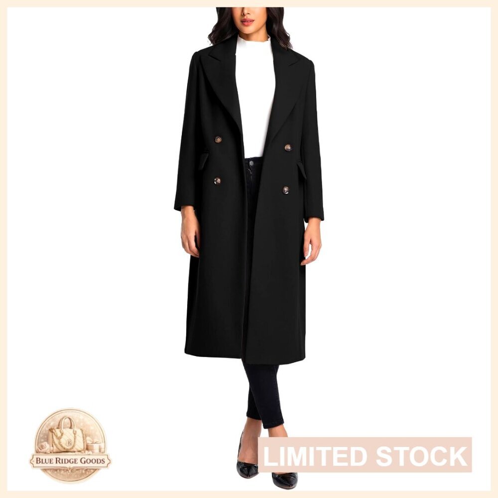 Long Wool Pea Coat Double Breasted Trench Classic Elegant Fall Winter Dressy
